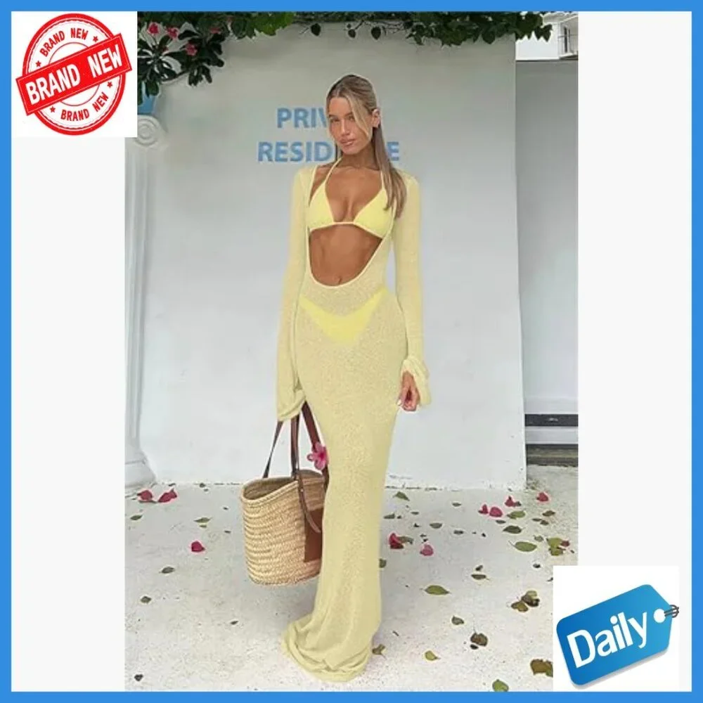 3-Piece Bikini Set with Sheer Mesh Cover Up Dress, Halter Triangle Top, Cheeky